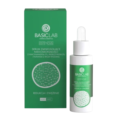 BasicLab ESTETICUS Serum z Niacynamidem 5%, Prerbiotykiem 5% Zmniejszające Niedoskonałości - 30 ml