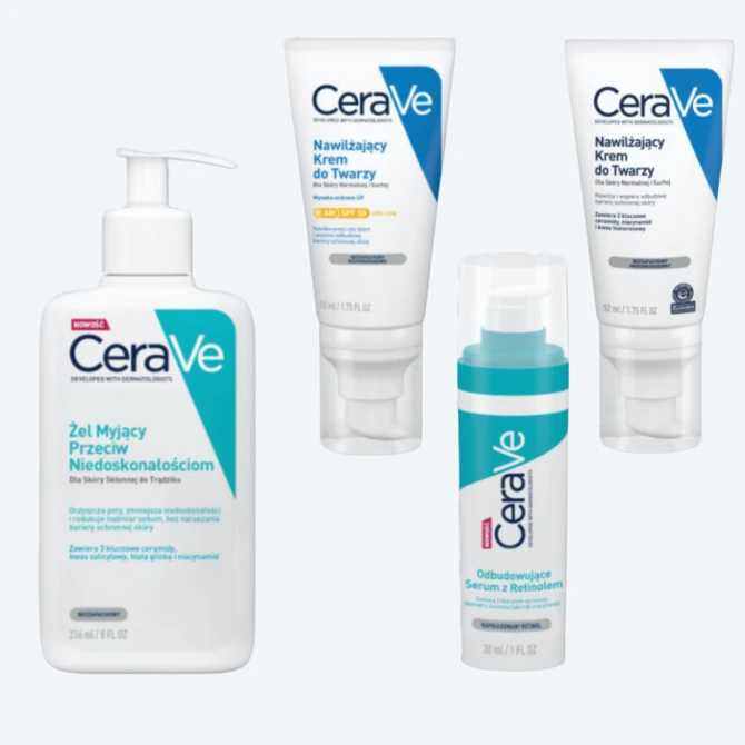 CERAVE Zestaw Trądzik Żel Myjący Przeciw Niedoskonałościom - 236ml + Odbudowujące Serum z Retinolem - 30ml + Nawilżający krem do twarzy do skóry suchej i normalnej - 52ml + Nawilżający Krem Do Twarzy SPF50 - 52ml