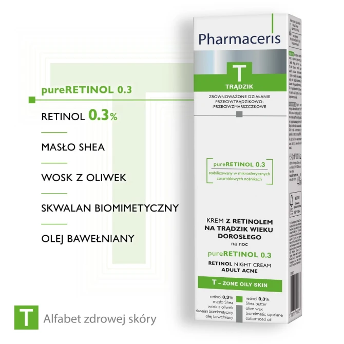 PHARMACERIS T pureRETINOL 0.3 Krem Z Retinolem Na Trądzik Wieku Dorosłego - 40 ml