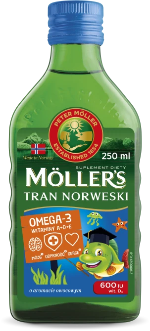 MÖLLER'S TRAN NORWESKI Omega-3 EPA DHA Witaminy D3 A i E owocowy - 250ml