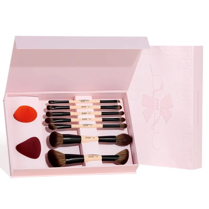 JESSUP Peach Dust Perfection Beauty Kit zestaw dwustronnych pędzli do makijażu 7szt. + gąbeczki do makijażu 2szt. T506