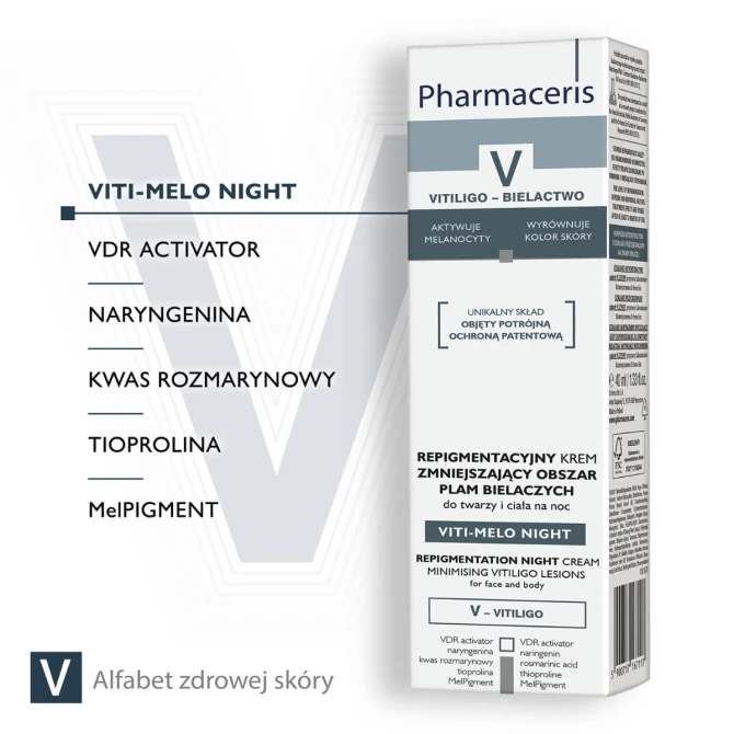 PHARMACERIS V VITI-MELO NIGHT Repigmentacyjny Krem Zmniejszający Obszar Plam Bielaczych - 40 ml