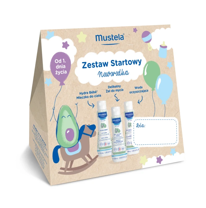 MUSTELA Zestaw Startowy dla Noworodka (Żel do mycia 100ml + Woda oczyszczająca 100ml + Mleczko do ciała 100ml)