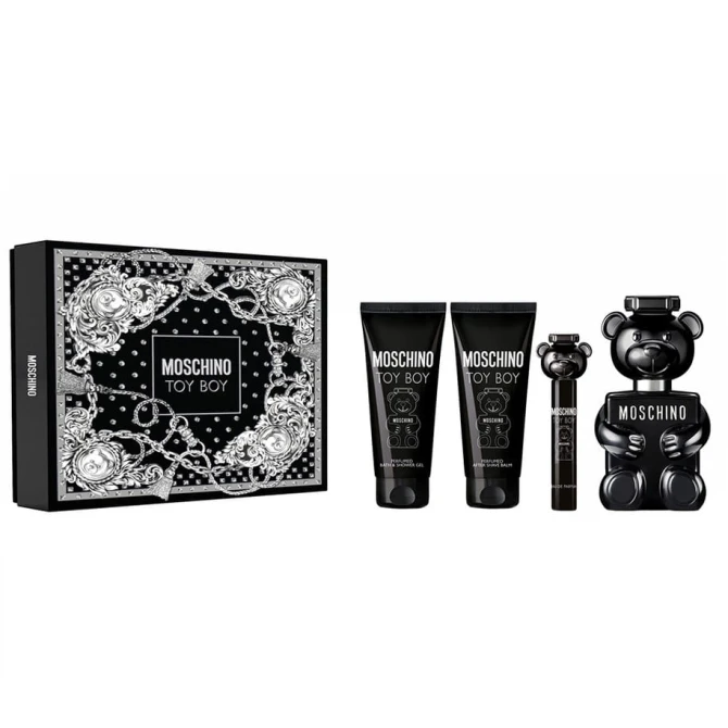 Moschino Toy Boy zestaw woda perfumowana spray 100ml + woda perfumowana spray 10ml + żel pod prysznic 100ml + balsam po goleniu 100ml (id: 64341)