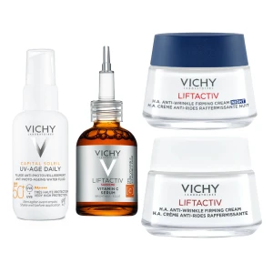 VICHY Zestaw Rozświetlenie Serum Rozświetlające - 20ml + Pielęgnacja Przeciwzmarszczkowa i Ujędrniająca - 50ml + Fluid przeciw fotostarzeniu się skóry SPF50+ - 40ml + Kompleksowa Przeciwzmarszczkowa Pielęgnacja Ujędrniająca - 50ml