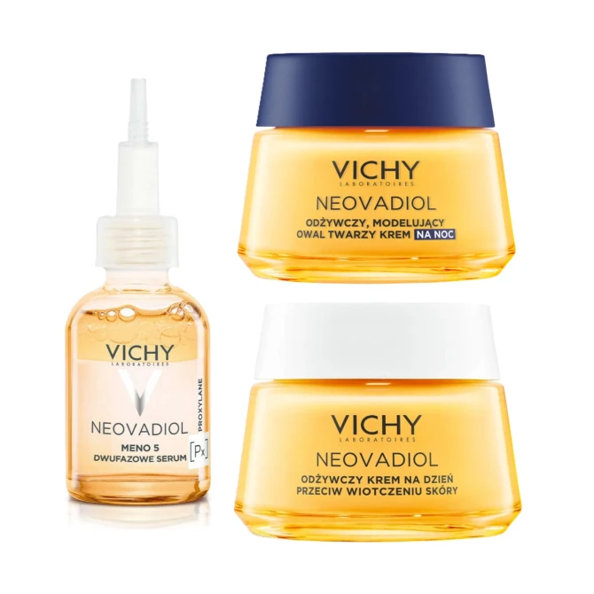 VICHY NEOVADIOL Zestaw Po Menopauzie Odbudowujący Krem Na Dzień - 50 ml + Odbudowujący Krem Na Noc Przeciw Wiotczeniu Skóry - 50 ml + Dwufazowe Serum Niwelujące Wpływ Menopauzy Na Skórę - 30ml + GRATIS