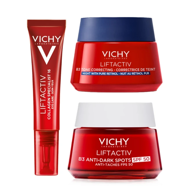 VICHY LIFTACTIV – Zestaw Przeciw Przebarwieniom i Zmarszczkom Dzień + Noc + Oczy (2x50ml + 15ml)