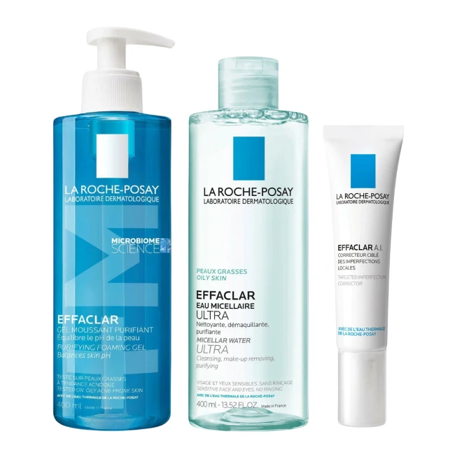 LA ROCHE-POSAY Effaclar Zestaw Żel Do Mycia - 400 ml + Woda Micelarna Ultra Skóra Tłusta - 400ml + Punktowy Preparat Na Zmiany Trądzikowe - 15 ml (id: 45276)