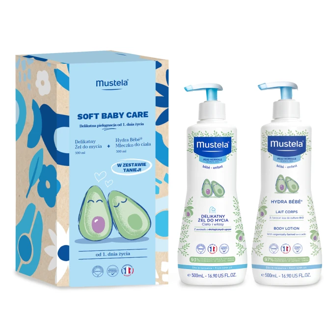 MUSTELA ZESTAW SOFT BABY CARE: Delikatny Żel Do Mycia 500ml + Hydra Bebe Mleczko Do Ciała 500ml