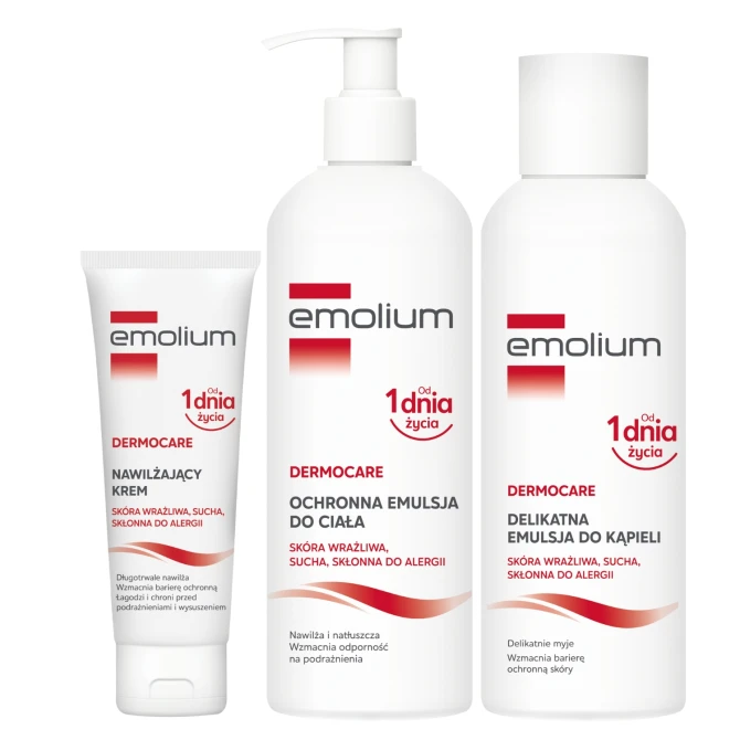 EMOLIUM DERMOCARE Zestaw Wyprawkowy: Emulsja Do Kąpieli 400ml + Emulsja Do Ciała 400ml + Krem 75ml