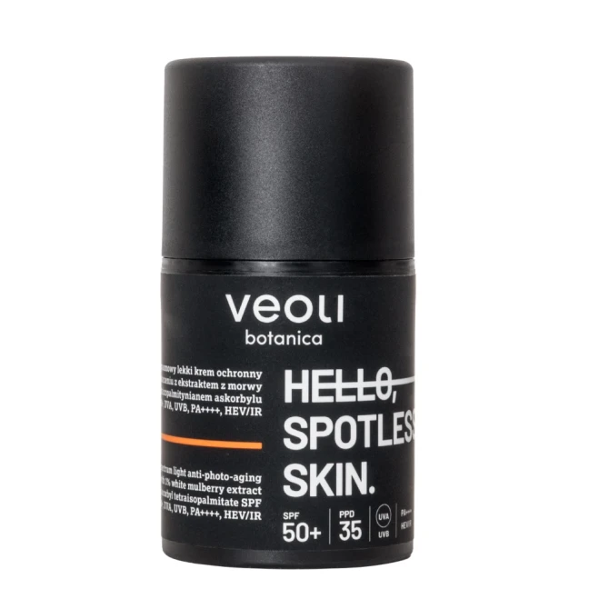 Veoli Botanica Hello Spotless Skin szerokopasmowy lekki krem ochronny przeciw fotostarzeniu z ekstraktem z morwy białej 1% i tetraizopalmitynianem askorbylu SPF50+ 50ml (id: 69993)