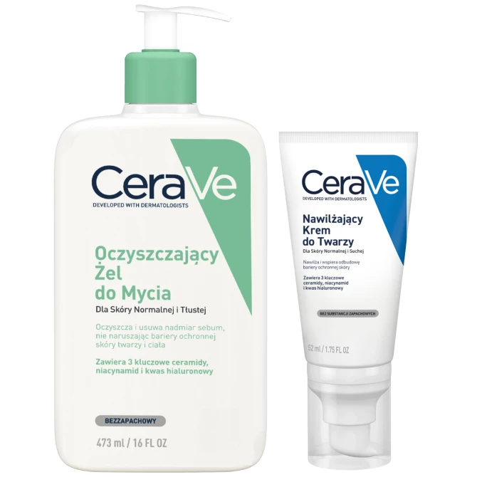 CERAVE Zestaw: Oczyszczający Żel Do Mycia 473ml + Nawilżający Krem Do Twarzy 52ml