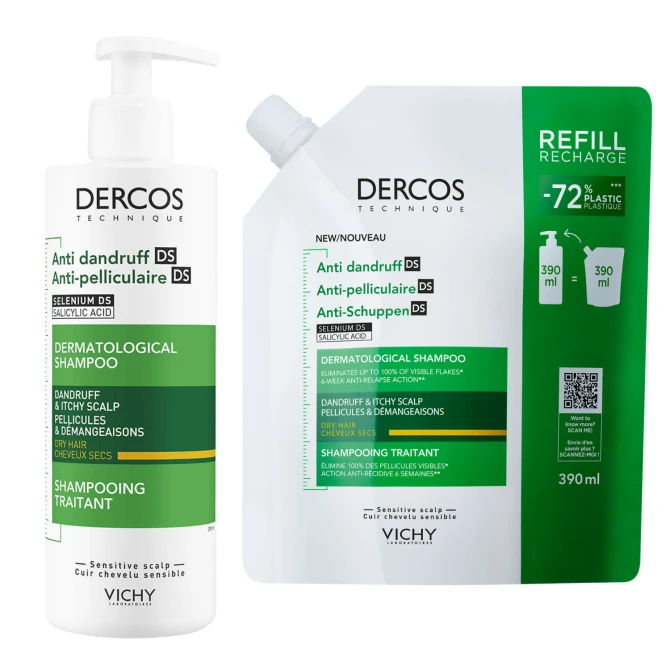 VICHY DERCOS Zestaw: Szampon Przeciwłupieżowy Włosy Suche 390ml + Uzupełnienie REFILL 390ml