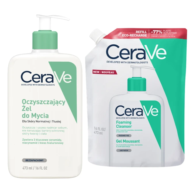 CERAVE Zestaw: Oczyszczający Żel Do Mycia 473ml + Uzupełnienie REFILL 473ml