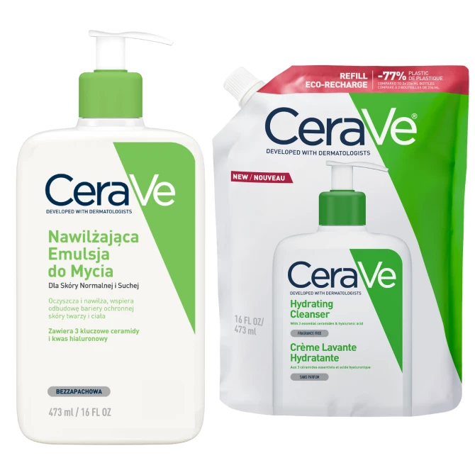 CERAVE Zestaw: Nawilżająca Emulsja Do Mycia 473ml + Uzupełnienie REFILL 473ml