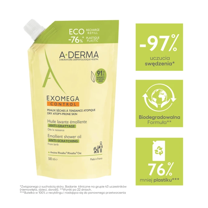 A-DERMA EXOMEGA CONTROL Zapobiegający Swędzeniu Olejek Emolientowy Do Mycia - 500ml REFILL