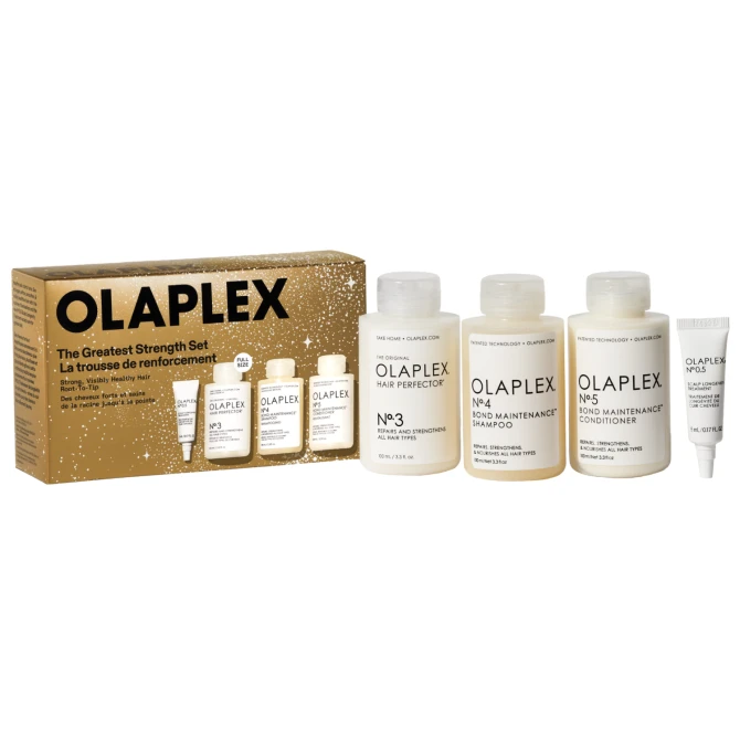 OLAPLEX The Greatest Strength Kompleksowy Zestaw: N° 4 Szampon 100ml + N° 5 Odżywka 100ml + N° 3 kuracja 30ml + N° 0.5 Serum 5ml