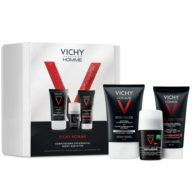 VICHY HOMME Zestaw Dla Mężczyzn: Balsam Po Goleniu 75ml + Krem Do Twarzy 50ml + Antyperspirant 50ml