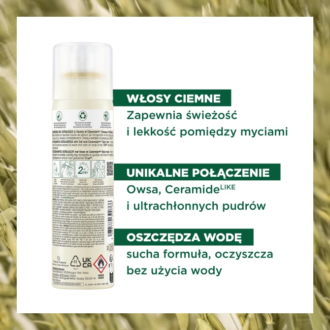 KLORANE Ultrałagodny szampon suchy – włosy brązowe i ciemnobrązowe – z Owsem i Ceramide - 150ml