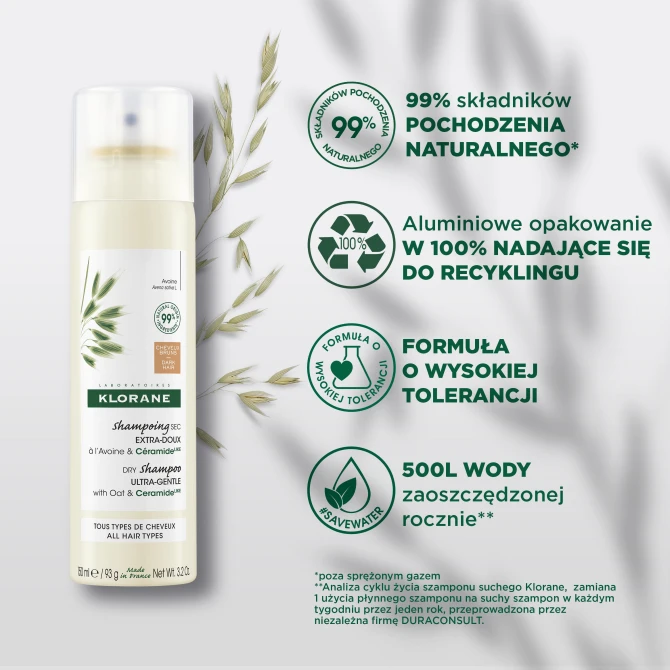 KLORANE Ultrałagodny szampon suchy – włosy brązowe i ciemnobrązowe – z Owsem i Ceramide - 150ml