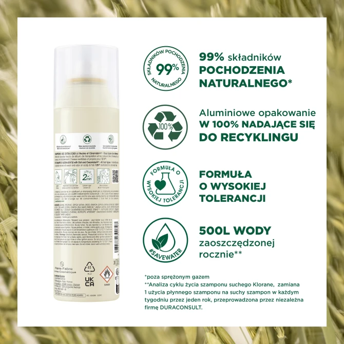 KLORANE Ultrałagodny Szampon Suchy – wszystkie rodzaje włosów – Owies i Ceramide - 150ml