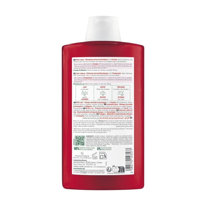 KLORANE PROMIENNOŚĆ KOLORU Szampon przedłużający trwałość i intensywność koloru z granatem - 400ml (id: 25200)