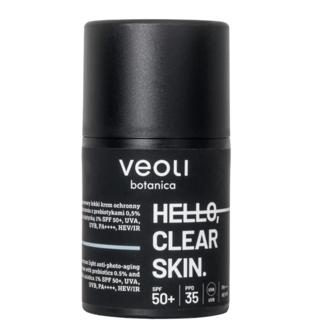 VEOLI BOTANICA Hello Clear Skin szerokopasmowy lekki krem ochronny przeciw fotostarzeniu z prebiotykami 0.5% i wąkrotą azjatycką 1% SPF50+ 50ml (id: 71030)