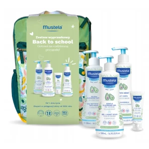 MUSTELA ZESTAW WYPRAWKOWY Żel do mycia 500ml, Woda oczyszczajaca 300ml, Mleczko do ciała 300ml, Krem do twarzy 40ml + Plecak