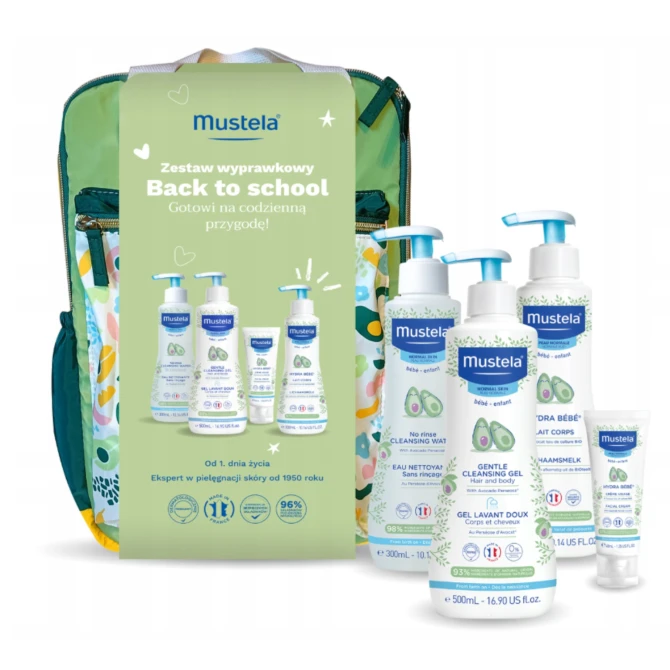 MUSTELA ZESTAW WYPRAWKOWY Żel do mycia 500ml, Woda oczyszczajaca 300ml, Mleczko do ciała 300ml, Krem do twarzy 40ml + Plecak (id: 73254)