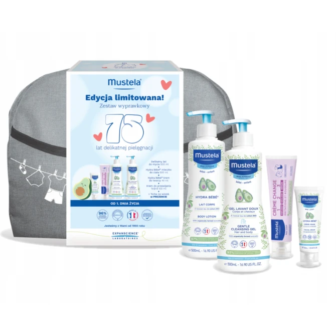 MUSTELA ZETSAW WYPRAWKOWY Żel do mycia 500ml, Mleczko do ciała 500ml, Krem do przewijania 100ml, Krem do twarzy 40ml + Torba (id: 73255)