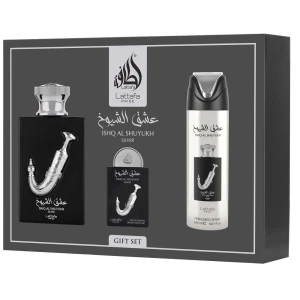 Lattafa Ishq Al Shuyukh Silver zestaw woda perfumowana spray 100ml + woda perfumowana spray 20ml + dezodorant spray 200ml