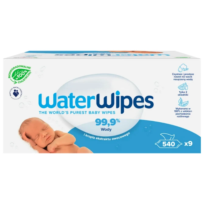 WaterWipes BIO, Chusteczki nawilżane dla noworodków i niemowląt 9x60 szt. (id: 78529)