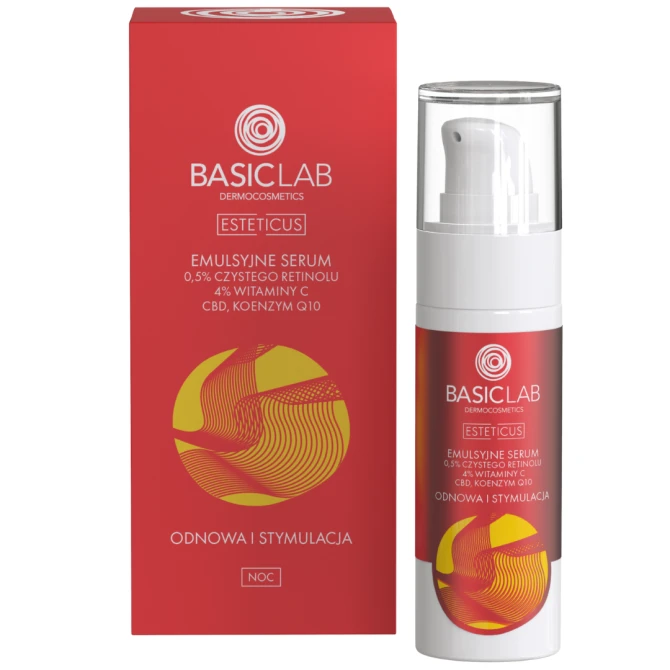 BasicLab Emulsyjne Serum Z 0,5% CZYSTEGO RETINOLU, 4% WITAMINY C, CBD I KOENZYMEM Q10  Na Noc Odnowa i Stymulacja - 30ml