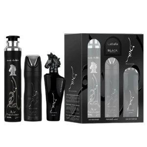 Lattafa Maahir Black Edition zestaw woda perfumowana spray 100ml + dezodorant spray 200ml + odświeżacz powietrza 300ml