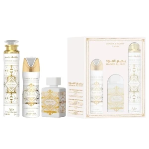 Lattafa Bade'e Al Oud Honor &amp; Glory zestaw woda perfumowana spray 100ml + dezodorant spray 200ml + odświeżacz powietrza 300ml