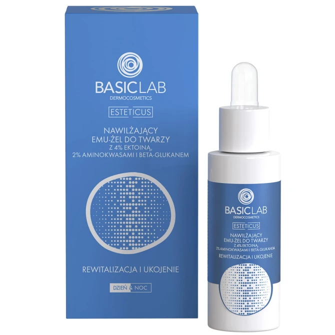BasicLab ESTETICUS Nawilżający Emu-Żel Do Twarzy Z 4% Ektoiną, Aminokwasami i Beta-Glukanem - 30 ml