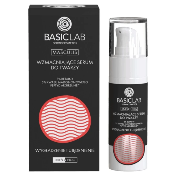 BASICLAB Masculis Wzmacniające serum do twarzy 8% betainy, 3% kwasu maltobionowego i peptyd Argireline Wygładzenie i Ujędrnie nie 30 ml