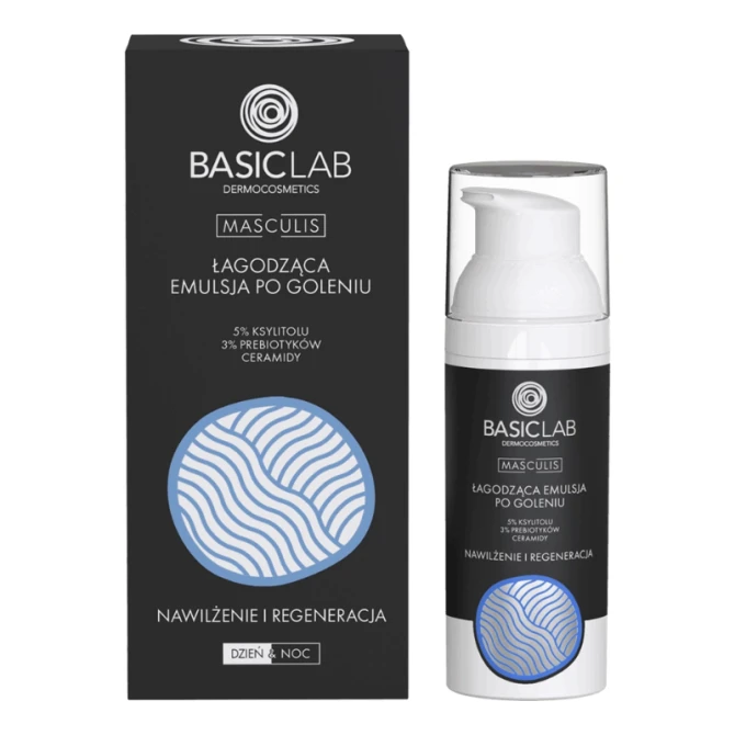 BASICLAB Masculis Łagodząca emulsja po goleniu 5% ksylitolu, 3% prebiotyków i ceramidy Nawilżenie i Regeneracja 50 ml