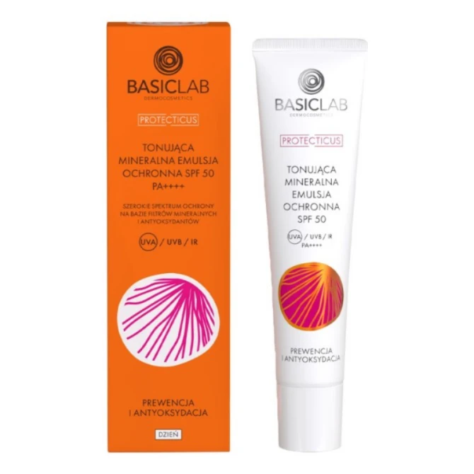 BASICLAB PROTECTICUS Tonująca mineralna emulsja ochronna SP F 50 PA ++++ Prewencja i Antyoksydacja 40 ml