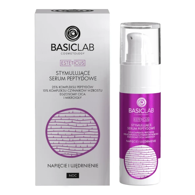 BASICLAB Cosmetology Esteticus Stymulujące Serum peptydowe 25 % peptydów, 10% kompleksu czynników wzrostu, egzosomy cica, mikroigły, Napięcie i Ujędrnienie 30 ml
