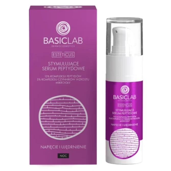 BASICLAB Dermocosmetics Esteticus Stymulujące Serum peptydowe 15% peptydów, 5% kompleksu czynników wzrostu, mikroigły, Napięcie i Ujędrnienie 30 ml