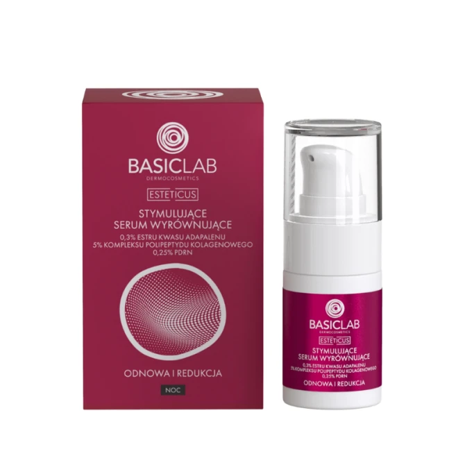 BASICLAB Dermocosmetics Stymulujące Serum Wyrównujące, 0,3% Estru Kwasu Adapalenu, 5% Kompleksu Polipeptydu Kolagenowego , 0,25% PDRN Odnowa i Redukcja 15 ml