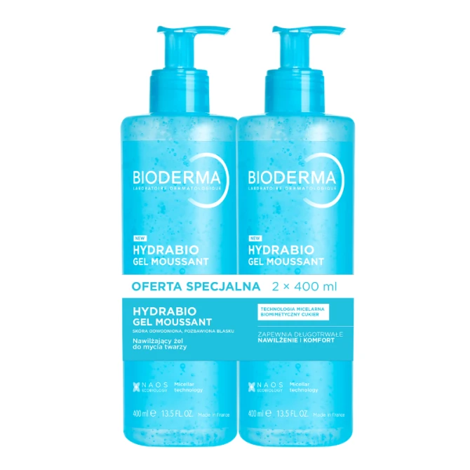 BIODERMA HYDRABIO GEL MOUSSANT Nawilżający żel do mycia twarzy - 2 x 400ml