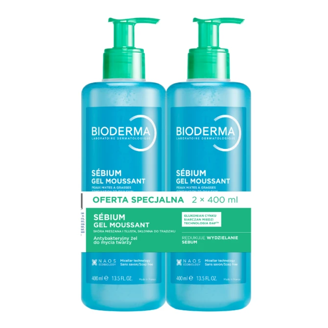 BIODERMA SEBIUM GEL MOUSSANT Antybakteryjny żel do mycia twarzy - 2 x 400 ml