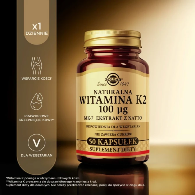 SOLGAR Witamina K2 100 µg Pomaga w utrzymaniu zdrowych kości - 50 Kapsułek