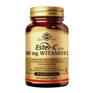SOLGAR SOLGAR ESTER-C® 500 mg Łagodna forma WITAMINY C dla wsparcia  układu odpornościowego, antyoksydacji i odporności na stres 50 kapsułek
