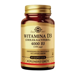 SOLGAR WITAMINA D3 4000 IU (100 µg) dla zdrowych zębów, kości, mięśni i układu odpornościowego 60 kapsułek