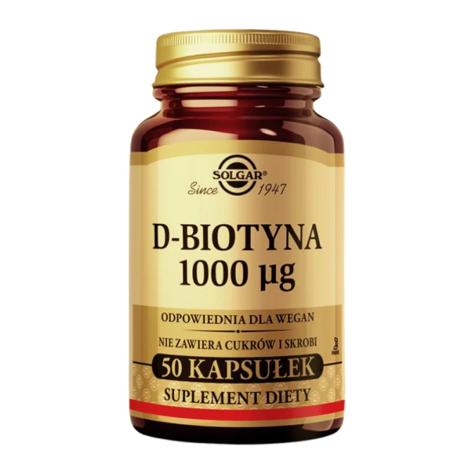 SOLGAR D-Biotyna 1000 ug Pomaga zachować zdrowie skóry i włosów - 50 Kapsułek