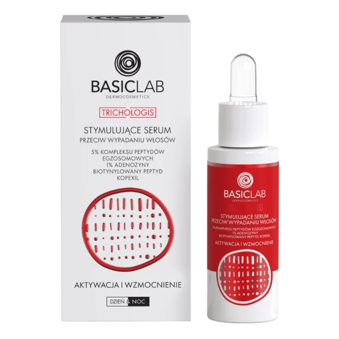 BASICLAB Stymulujące Serum przeciw wypadaniu włosów, 5% Kompleksu peptydów egzosomowych, 1% Adenozyny, Biotynylowany peptyd, Kopexil, Aktywacja i wzmocnienie - 30 ml