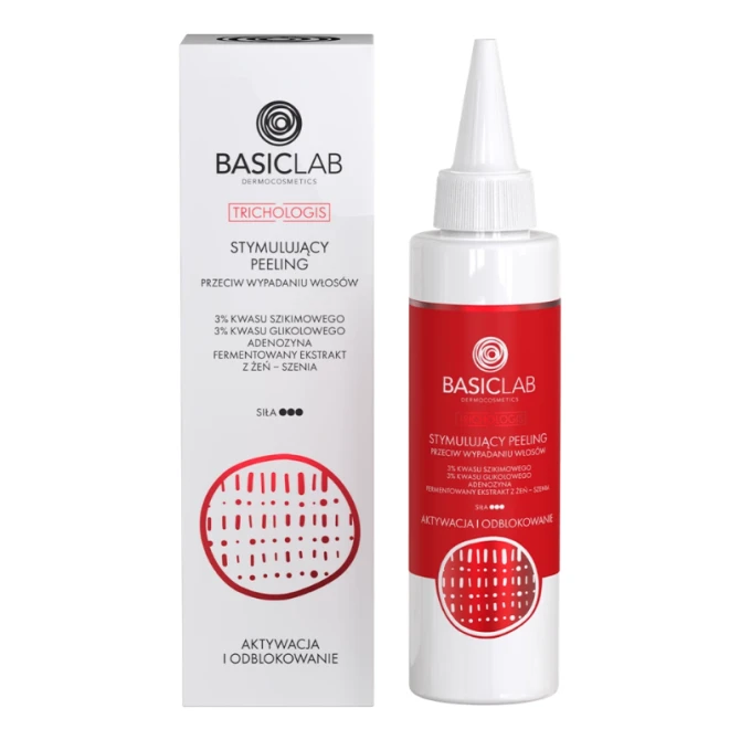 BASICLAB Stymulujący Peeling przeciw wypadaniu włosów, 3% kwasu szikimowego, 3% kwasu glikolowego, Adenozyna, Fermentowany ekstrakt z żeń-szenia, Aktywacja i odblokowanie - 150 ml